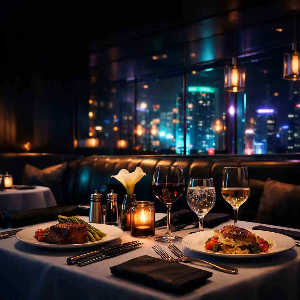 Elegánsan megterített étkezőasztal és mély lounge-ülések a Table Choicce sötét, városéjszakai belső terében