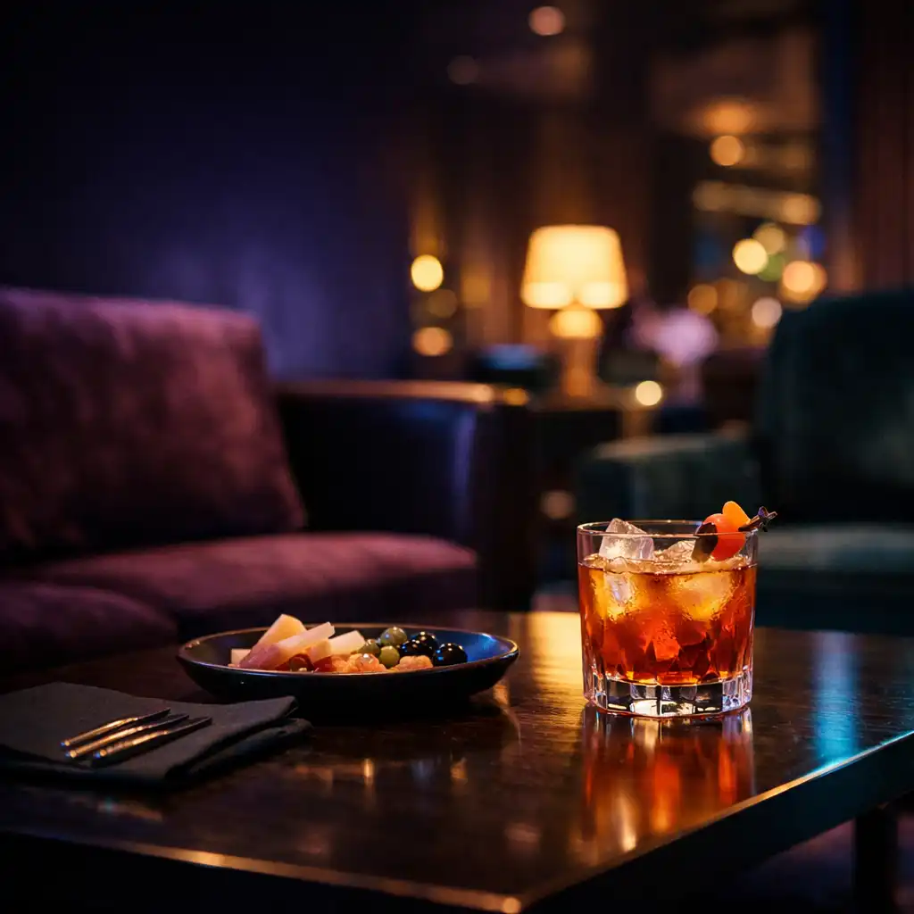 Elegáns ital és kisebb tálalás egy sötét lounge asztalán