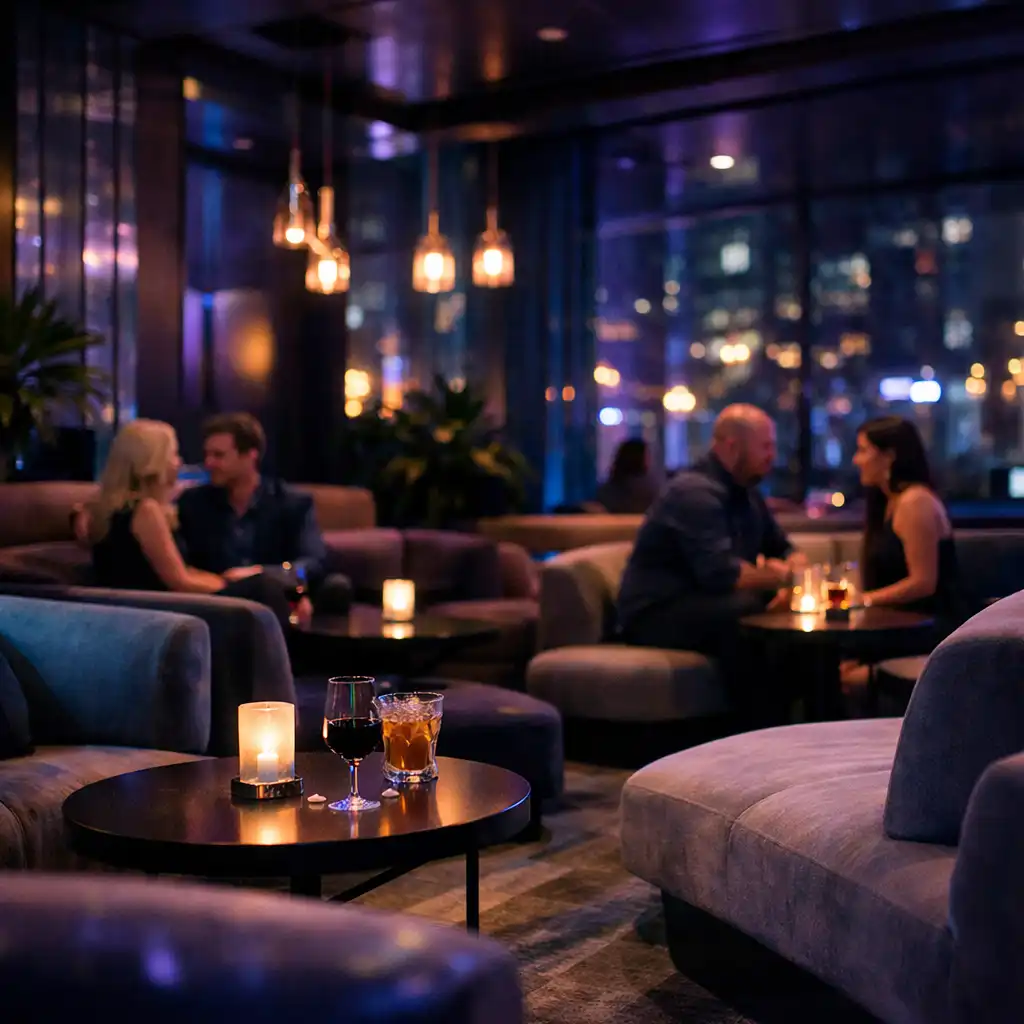 Késő esti lounge ülőhelyek kis asztalokkal és visszafogott ibolya-cián fényekkel
