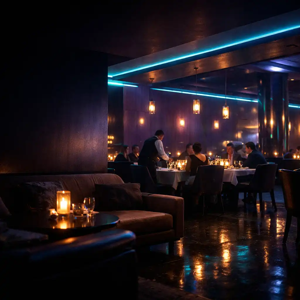 Elegáns lounge és megterített asztalok esti, ibolya-cián fényben