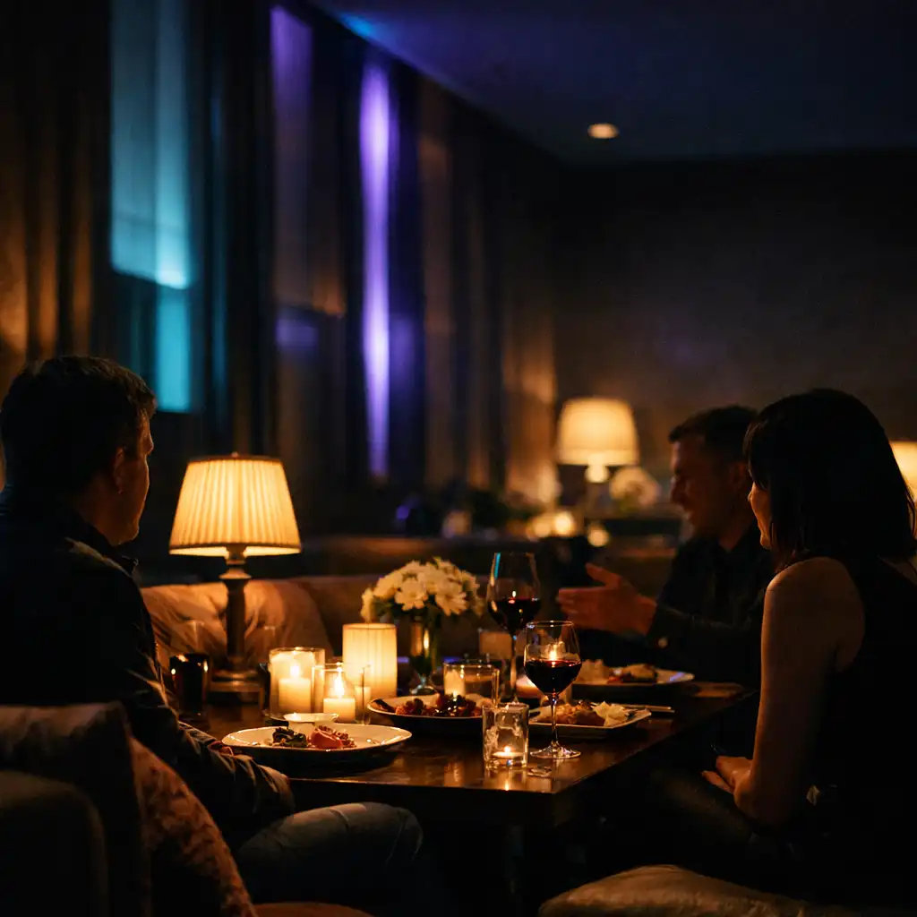 Hangulatos lounge-ülőhely egy személyes vacsora estéjére előkészítve