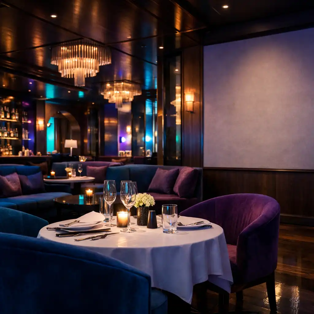 Előkészített, intim lounge-ülőhelyek egy esti éttermi térben